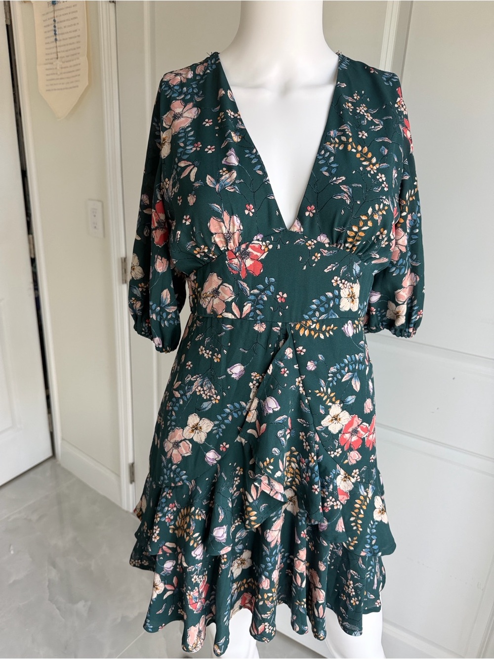 Mi ami Teal Floral V-Neck Ruffle Dress